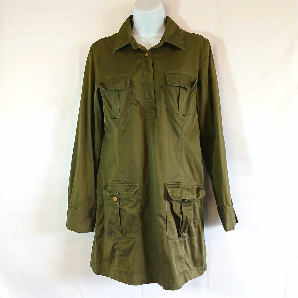 Old Navy Womens Green Shirt Dress Mid-Length Button Pockets Sz M utility casual